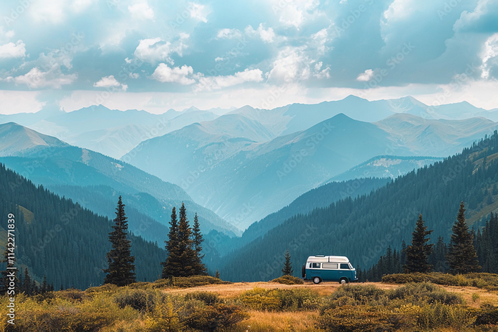 Holiday trip on large family motorhome for holiday in beautiful nature