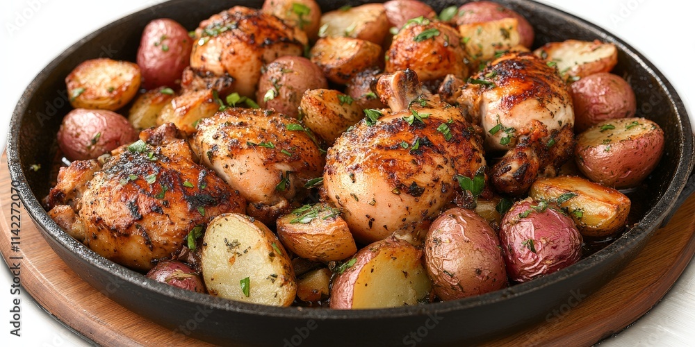 Roast Chicken with Potatoes on Rustic Table Roast Chicken with Potatoes on Rustic Table