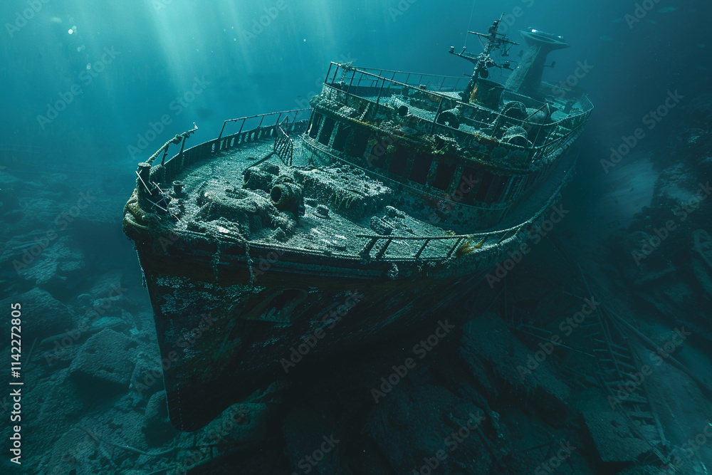 Underwater view of an sunken ship on seabed with fish swimming around Underwater view of an sunken ship on seabed with fish swimming around
