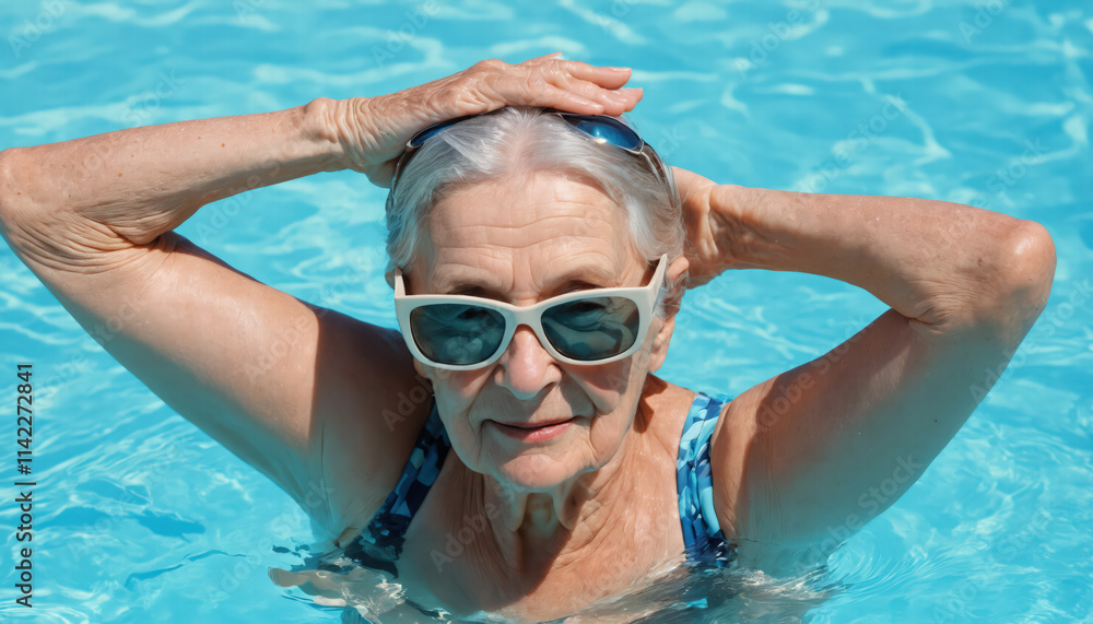 Naklejka premium Active old woman relaxing in an outdoor pool with snowy mountains in the background.