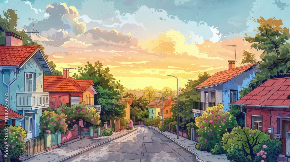 A Colorful Street Scene with Houses, Trees, and a Sunset Sky A Colorful Street Scene with Houses, Trees, and a Sunset Sky
