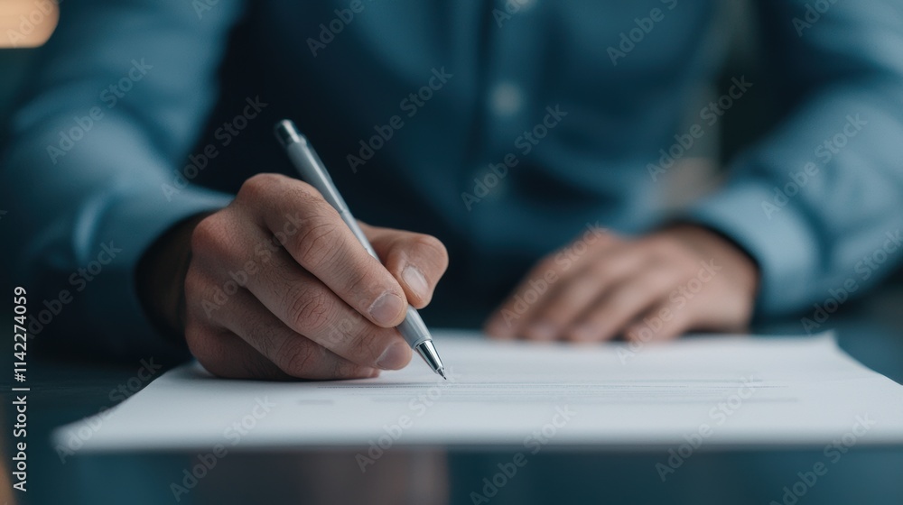 Person Writing with Pen on Paper in Calm Office Environment Person Writing with Pen on Paper in Calm Office Environment