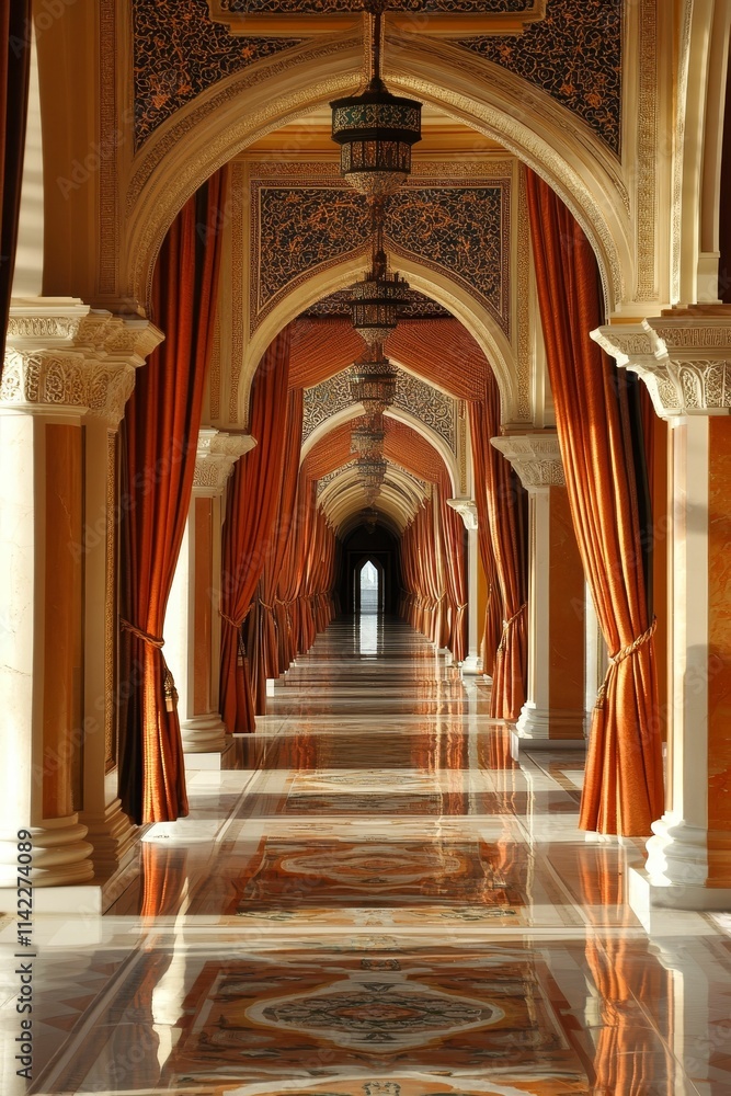 Fototapeta premium Ornate hallway, arched ceilings, orange drapes, polished floor.