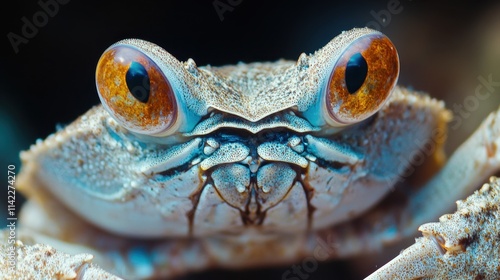 Close-Up View of a Colorful Crab with Striking Eyes and Intricate Patterns on Its Shell, Showcasing the Beauty of Marine Life in Detail photo