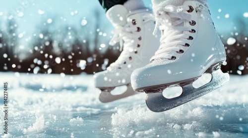 A close-up of ice skates mid-air over an ice-covered surface, capturing the exhilarating moment of a leap, emphasizing the thrill and freedom of ice skating.