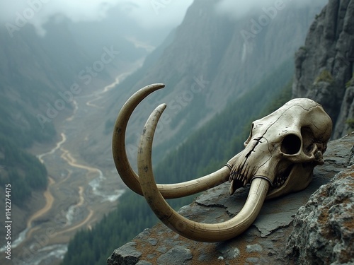 A mammoth skull resting on a high mountain ledge, overlooking a misty valley photo