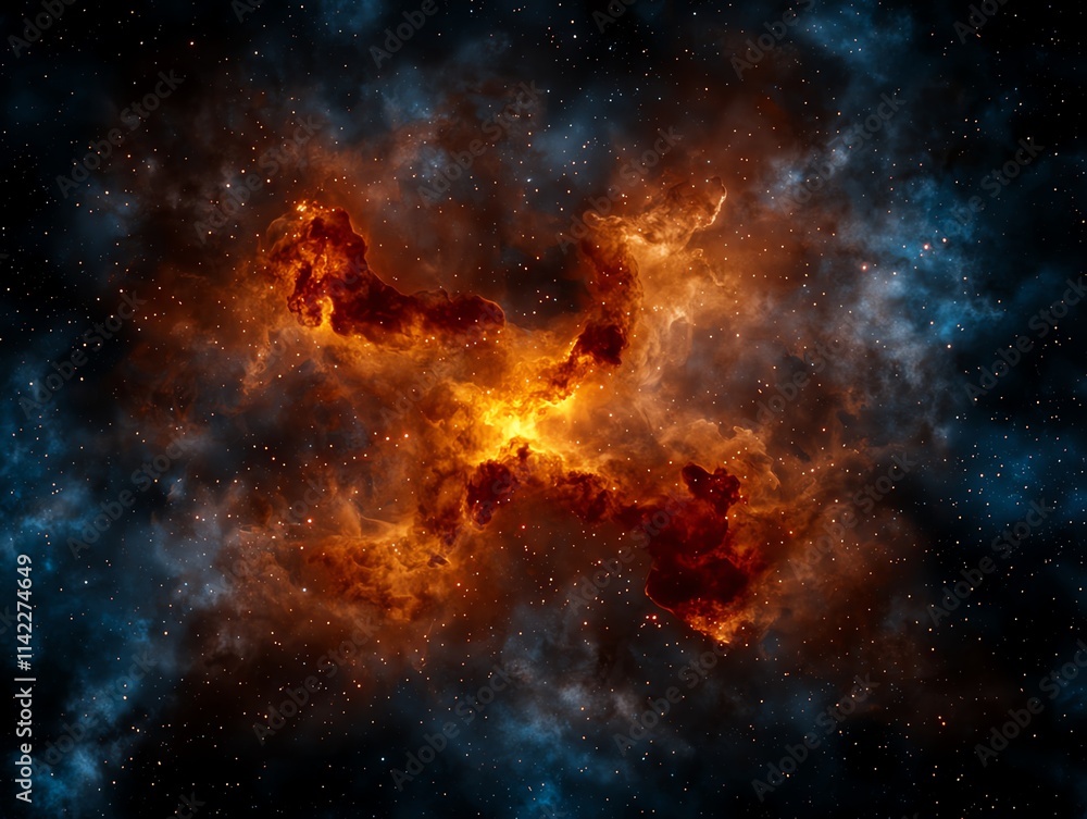 Fototapeta premium A professional studio shot of bright red and gold fireworks bursting in synchrony, isolated against a deep blue midnight sky filled with glowing clouds of smoke