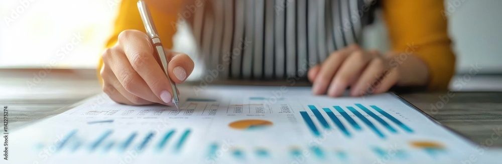 Businessperson Analyzing Financial Reports with Pen on Table Businessperson Analyzing Financial Reports with Pen on Table