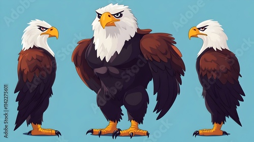 A muscular cartoon eagle character mascot flexing its strong muscles in flat vector illustration. Concept for logos, team mascots, branding, strength, athletic or competitive branding themes. photo