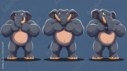 A muscular cartoon elephant character mascot flexing its strong muscles in flat vector illustration. Concept for logos, team mascots, branding, strength, athletic or competitive branding themes. photo