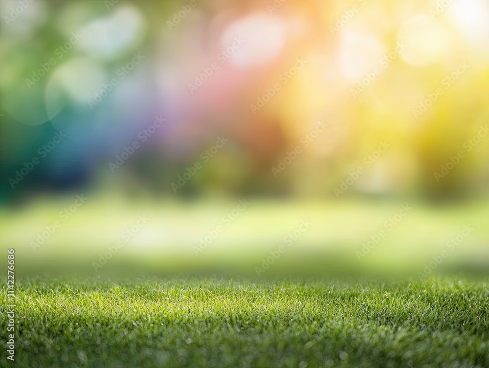 Fototapeta premium A serene, blurred background featuring lush green grass with a colorful, softly illuminated backdrop, creating a tranquil outdoor atmosphere.