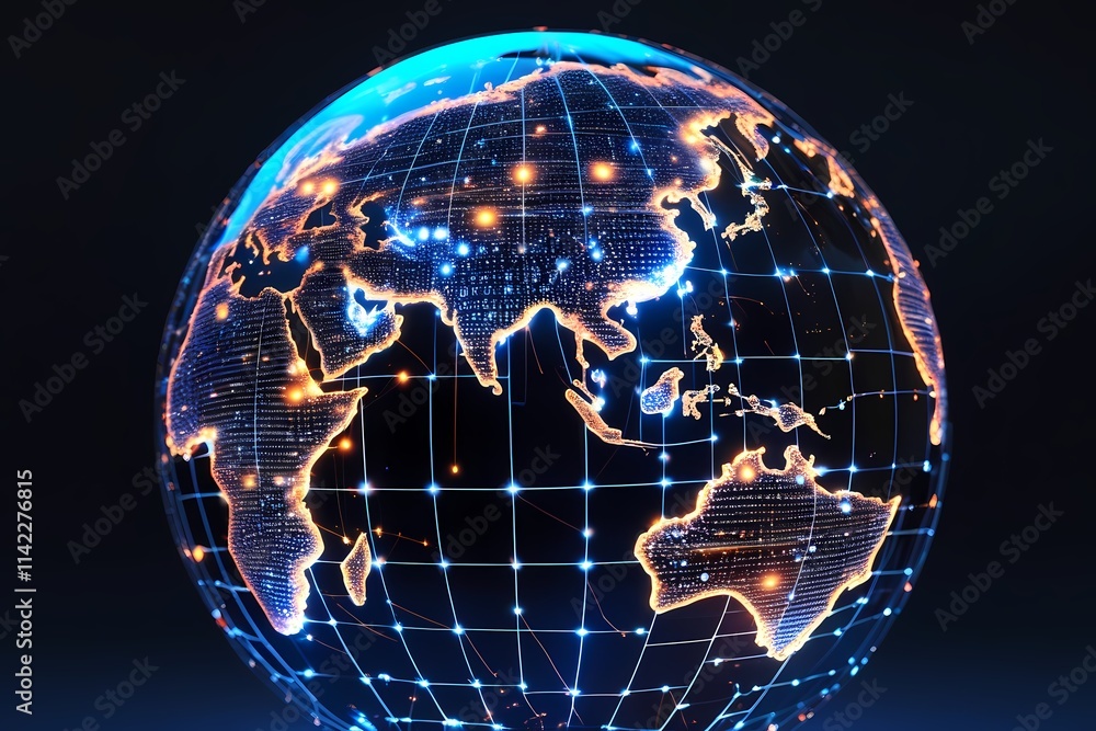 Naklejka premium A bright holographic globe filled with images representing internet trends, network connections, and data flows in a futuristic world.