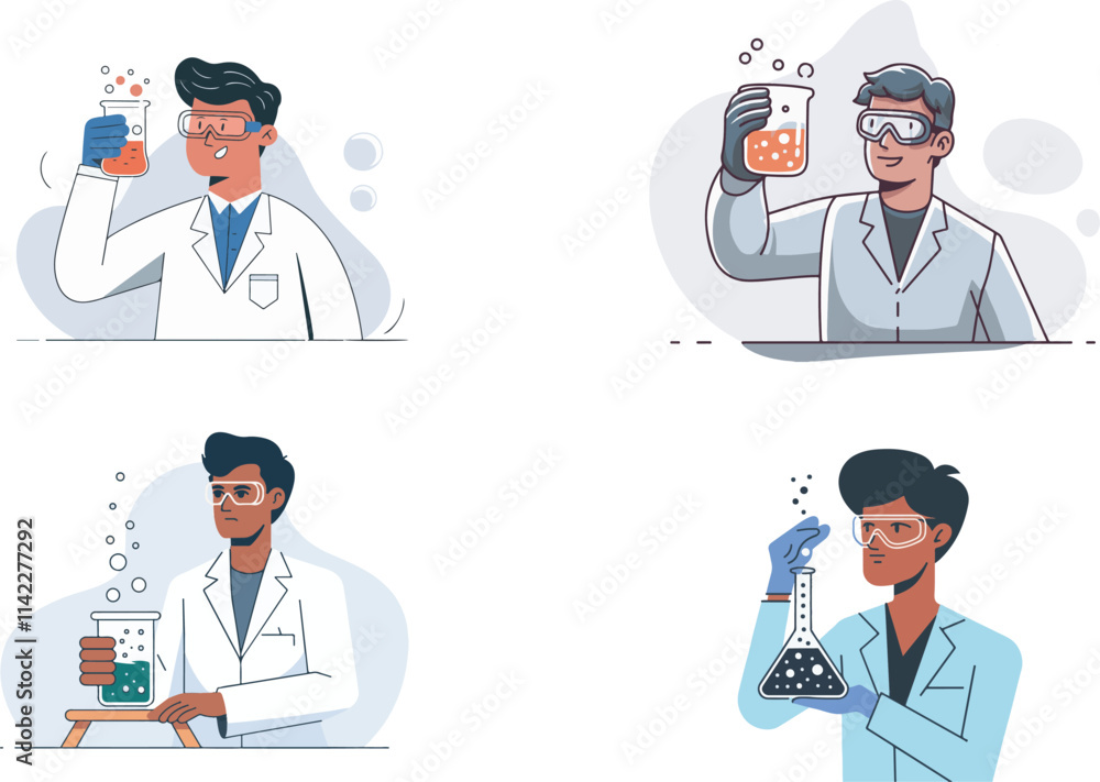vector of Scientists in Lab Coats Conducting Experiments with Beakers and Flasks vector of Scientists in Lab Coats Conducting Experiments with Beakers and Flasks