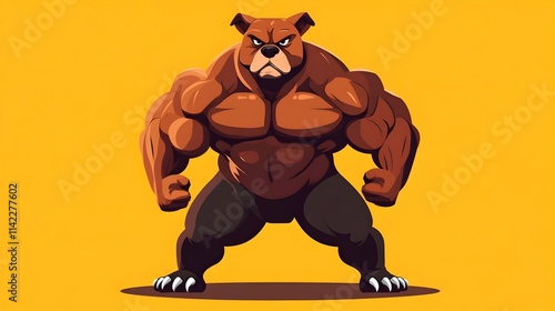 A muscular cartoon pitbull dog character mascot flexing its strong muscles in flat vector illustration. Concept for logos, team mascots, branding, strength, athletic or competitive branding themes. photo