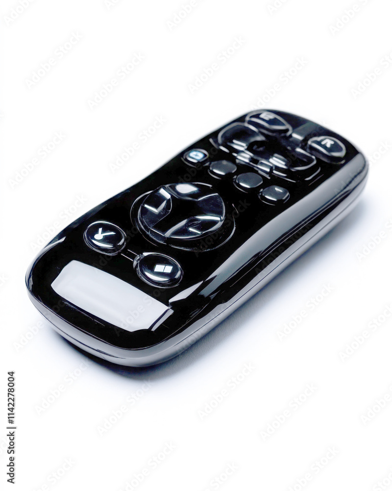 Sleek, modern black remote control for electronic devices. Sleek, modern black remote control for electronic devices.