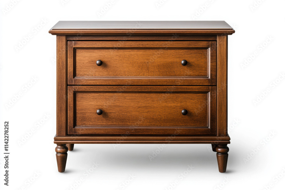 Elegant wooden nightstand with two spacious drawers for storage. Elegant wooden nightstand with two spacious drawers for storage.