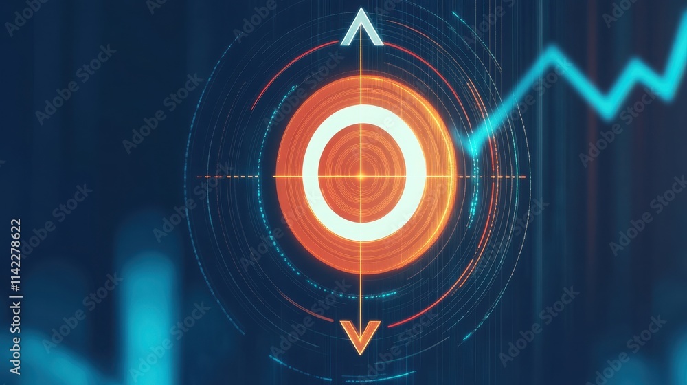 Fototapeta premium A digital target icon with rising graph elements, representing growth, success, and strategic planning in technology.