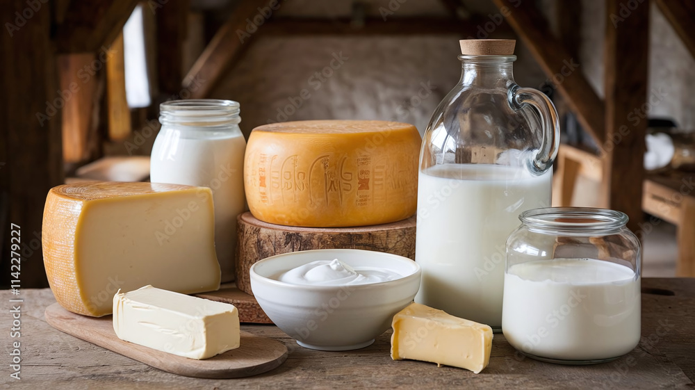 Various Milk Dairy Products on a Table, Cheese, Milk, Sour Cream Various Milk Dairy Products on a Table, Cheese, Milk, Sour Cream
