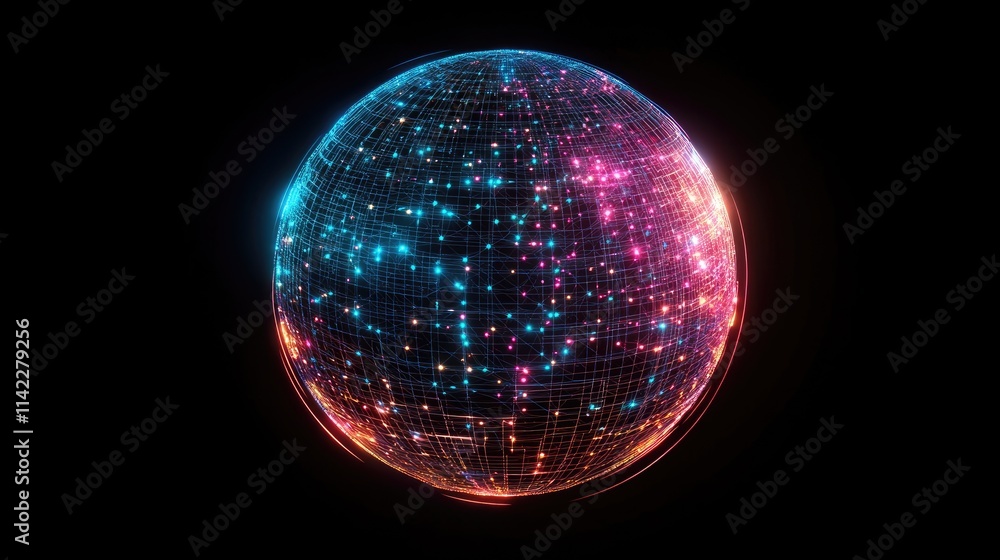A high-tech wireframe globe with glowing hotspots symbolizing data exchange, side view, visualizing global tech infrastructure, futuristic tone, Tetradic color scheme A high-tech wireframe globe with glowing hotspots symbolizing data exchange, side view, visualizing global tech infrastructure, futuristic tone, Tetradic color scheme
