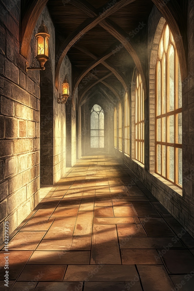 Fototapeta premium Stone hallway, arched windows, sunlight, lanterns.