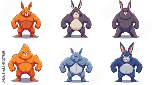 A muscular cartoon rabbit character mascot flexing its strong muscles in flat vector illustration. Concept for logos, team mascots, branding, strength, athletic or competitive branding themes. photo