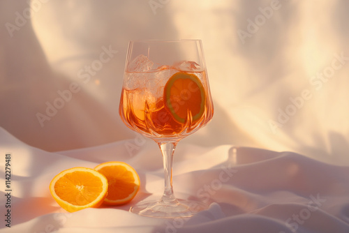 Aperol Spritz cocktail in an elegant glass, with orange slices on the side and shade from the sun photo