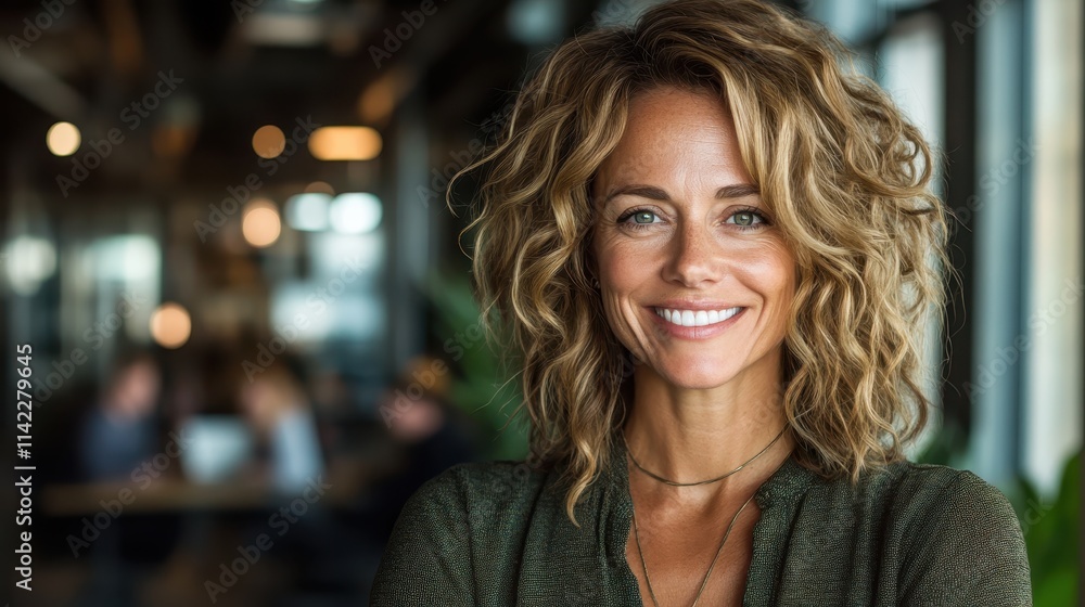 A woman with curly hair and a warm smile poses confidently in a stylish office environment, embodying warmth, assurance, and a welcoming presence. A woman with curly hair and a warm smile poses confidently in a stylish office environment, embodying warmth, assurance, and a welcoming presence.