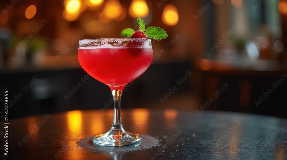 Vibrant Red Cocktail in a Coupe Glass with Sugar Rim and Garnish Vibrant Red Cocktail in a Coupe Glass with Sugar Rim and Garnish