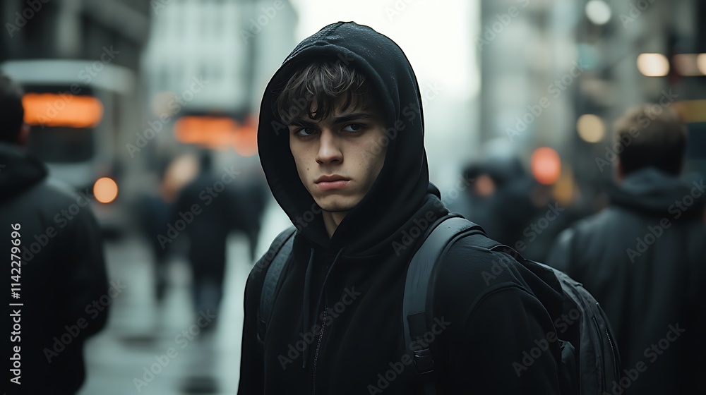 Young man in a hoodie walking through a busy city street with urban surroundings