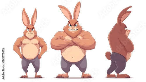 A muscular cartoon rabbit character mascot flexing its strong muscles in flat vector illustration. Concept for logos, team mascots, branding, strength, athletic or competitive branding themes. photo