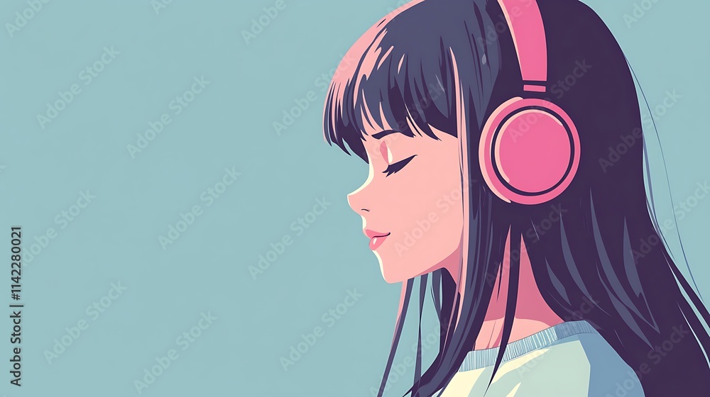Anime style girl listening to music with headphones in a manga animation scene