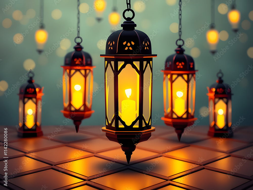 Luminous Ramadan Lanterns: An enchanting scene of traditional Ramadan lanterns casting warm, inviting glow on a tiled surface. The lanterns, adorned with intricate patterns. Luminous Ramadan Lanterns: An enchanting scene of traditional Ramadan lanterns casting warm, inviting glow on a tiled surface. The lanterns, adorned with intricate patterns.