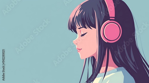 Obraz na płótnie Anime style girl listening to music with headphones in a manga animation scene w salonie