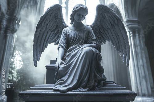 A statue of an angel with spread wings sits on a bench made of dark marble in a Gothic-style room photo