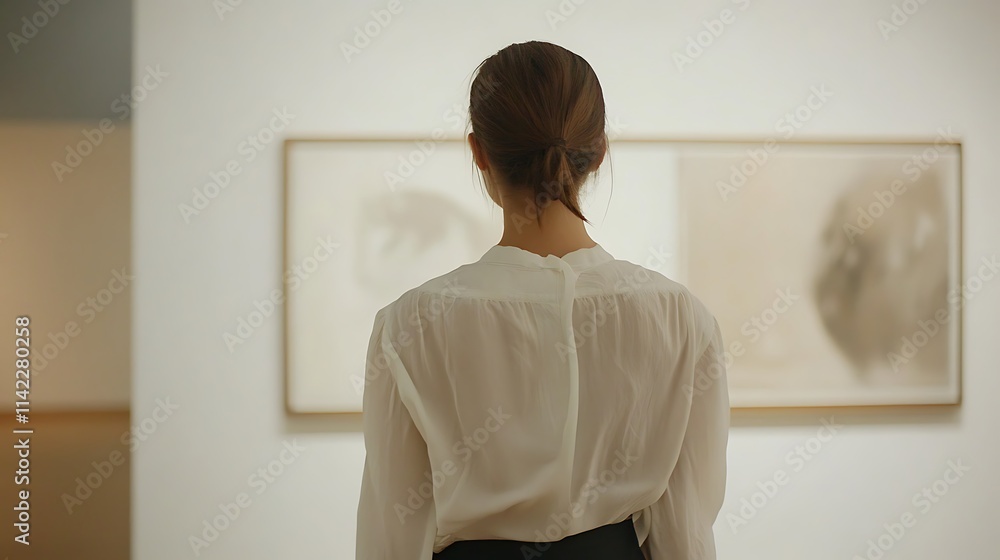 Female model in a white blouse, walking confidently through a modern art gallery, appreciating the creative atmosphere