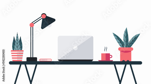 A serene workspace featuring a minimalist desk with a laptop, coffee cup, and a potted plant, set against a white background.