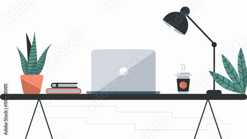 A serene workspace featuring a minimalist desk with a laptop, coffee cup, and a potted plant, set against a white background.