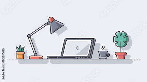 A serene workspace featuring a minimalist desk with a laptop, coffee cup, and a potted plant, set against a white background.