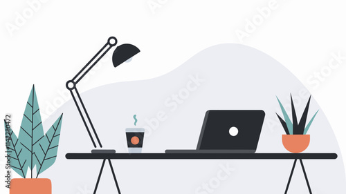 A serene workspace featuring a minimalist desk with a laptop, coffee cup, and a potted plant, set against a white background.