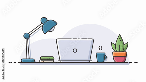 A serene workspace featuring a minimalist desk with a laptop, coffee cup, and a potted plant, set against a white background.