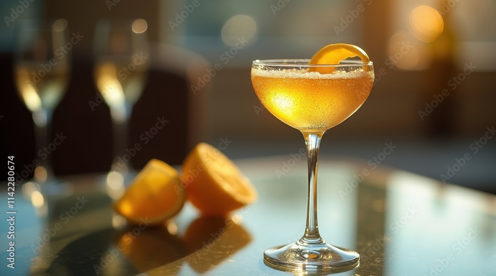 Elegant Coupe Glass with a Golden French 75 Cocktail Elegant Coupe Glass with a Golden French 75 Cocktail