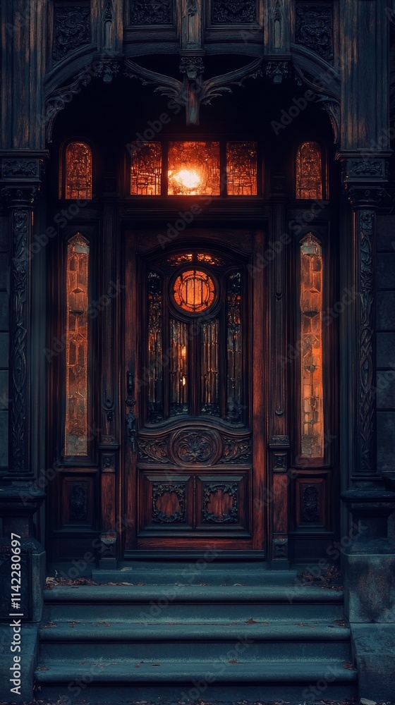 Ornate Wooden Door Illuminating an Elegant Building Entrance Ornate Wooden Door Illuminating an Elegant Building Entrance