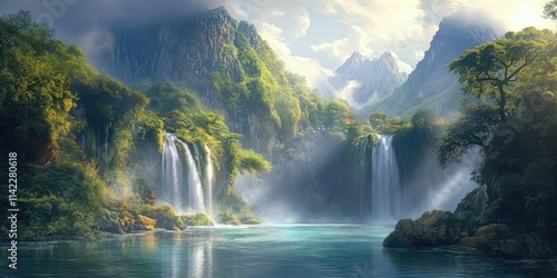 Fototapeta Naklejka Na Ścianę i Meble -  These images capture the beauty of a serene island and stunning waterfalls, showcasing the natural allure of the island and falls in various captivating perspectives.