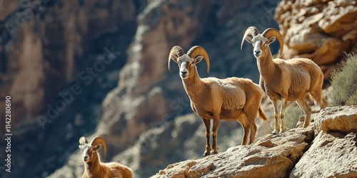 Barbary sheep Ammotragus lervia are seen standing majestically on rocky mountains, showcasing their unique features and natural habitat among the rugged terrain of mountainous landscapes. photo