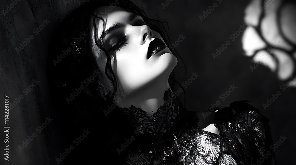 Female model in gothic inspired attire, with dark and moody lighting