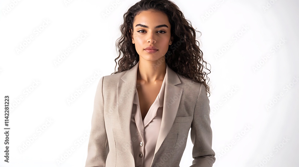Female model in business casual attire, confident pose, clean studio background,