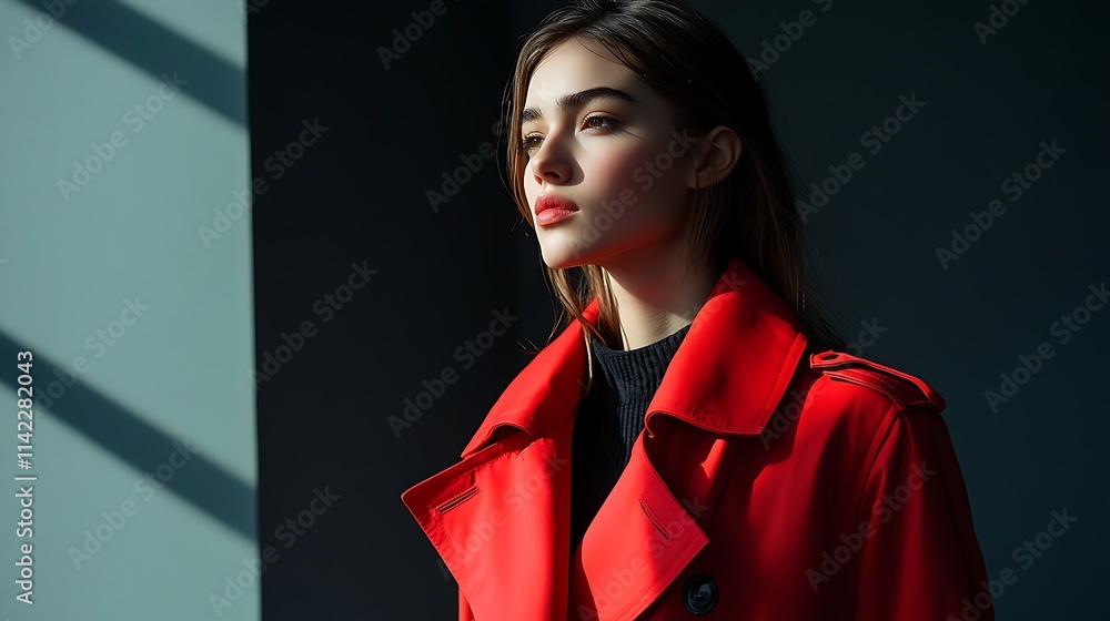 Female model in stylish red trench coat, standing confidently under crisp studio lighting