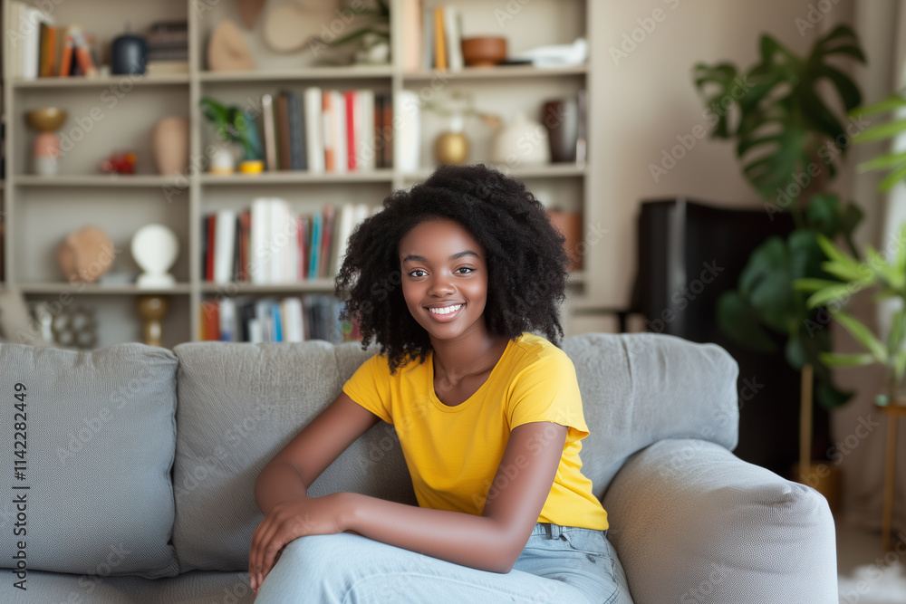 Smiling Woman in Cozy Living Room Smiling Woman in Cozy Living Room