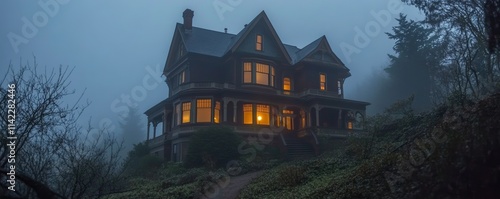 Fog surrounding victorian haunted house at twilight