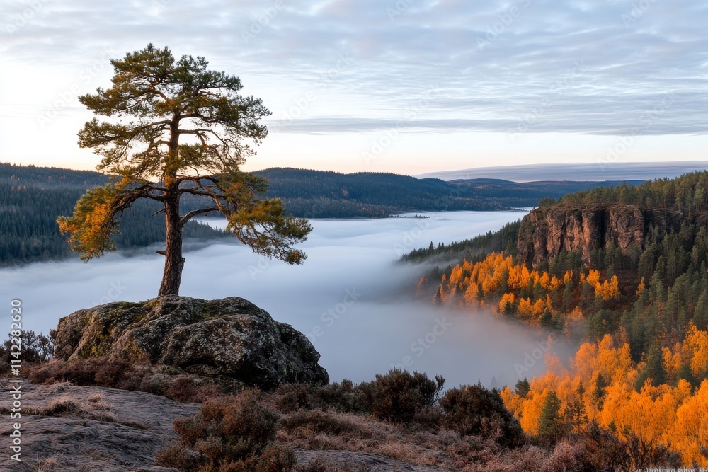 Majestic solitary tree overlooking foggy river valley during autumn sunrise in serene natural landscape. Generative AI Majestic solitary tree overlooking foggy river valley during autumn sunrise in serene natural landscape. Generative AI